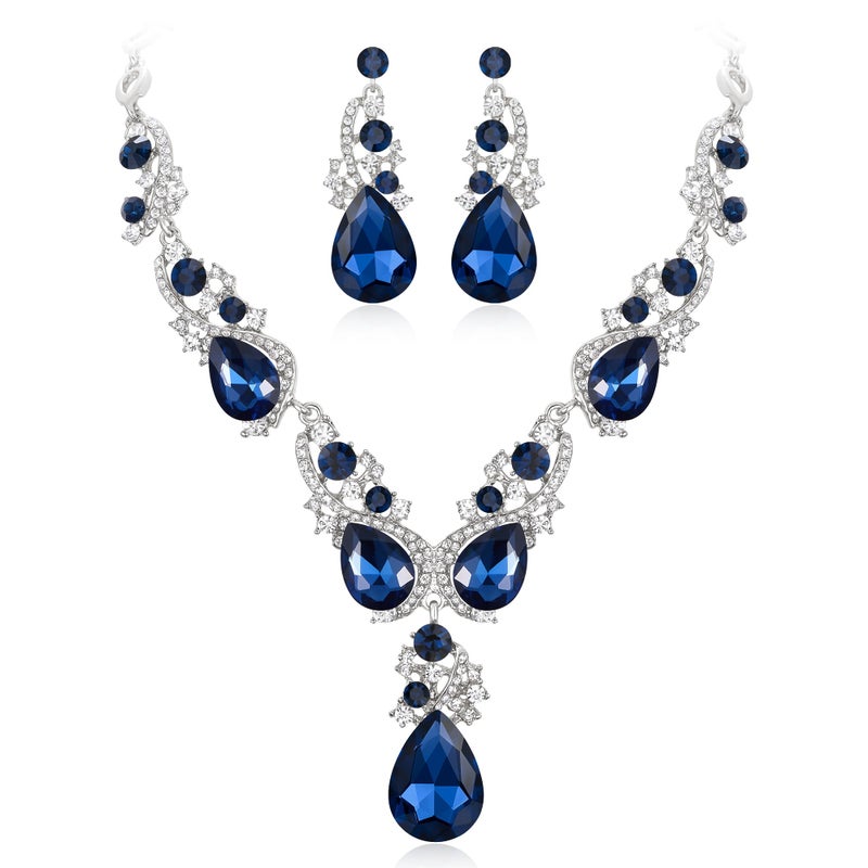 BriLove Wedding Bridal Jewelry Set for Women Multi Teardrop Cluster Crystal Statement Necklace Dangle Earrings for Party Accessories Navy Blue Sapphire Color Silver-Tone. - Image 1